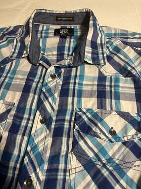 Rock & Republic Men's Large Blue Plaid Pearl Snap Style Western Shirt Long Slv